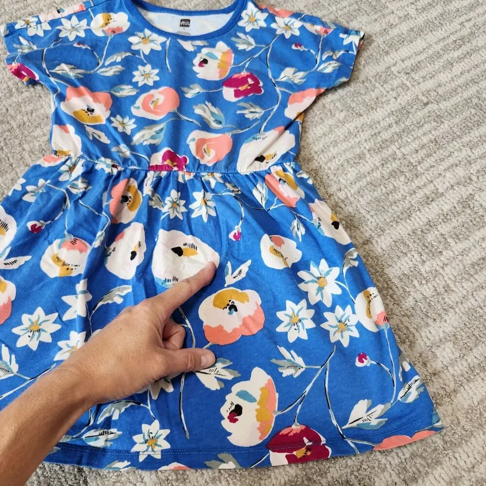 Tea Collection girl's blue floral short sleeve cotton dress size 5